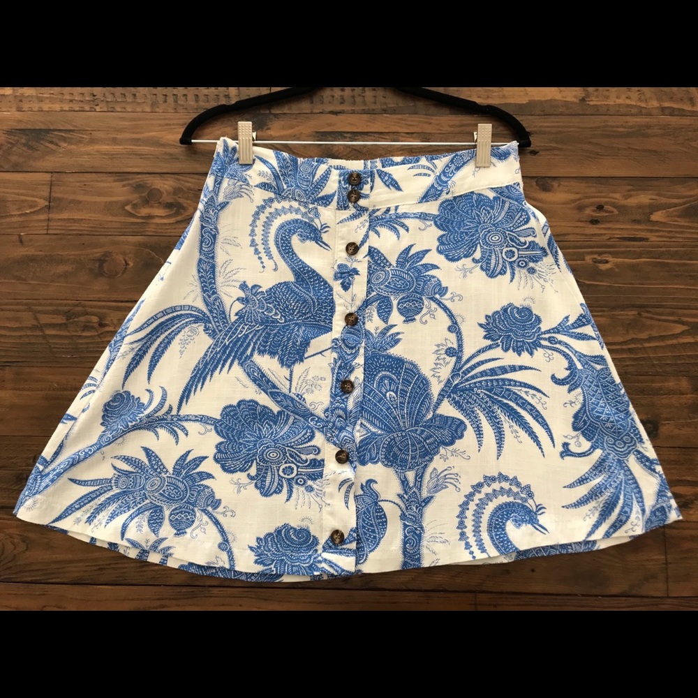 H&M white blue button front side zip elastic linen flare Skater mini Skirt M